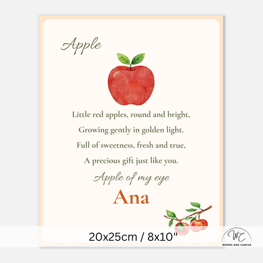Personalized children's nursery wall art featuring a watercolor red apple with green leaves above a poem about apples, with the name 'Ana' in orange script. The print has a cream background with a peach border and includes a size note 20x25cm at the bottom.
