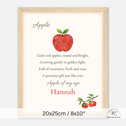 A personalized wooden-framed apple nursery sign featuring a watercolor red apple with green leaves and a nursery rhyme printed on a cream background. Size 20x25cm.