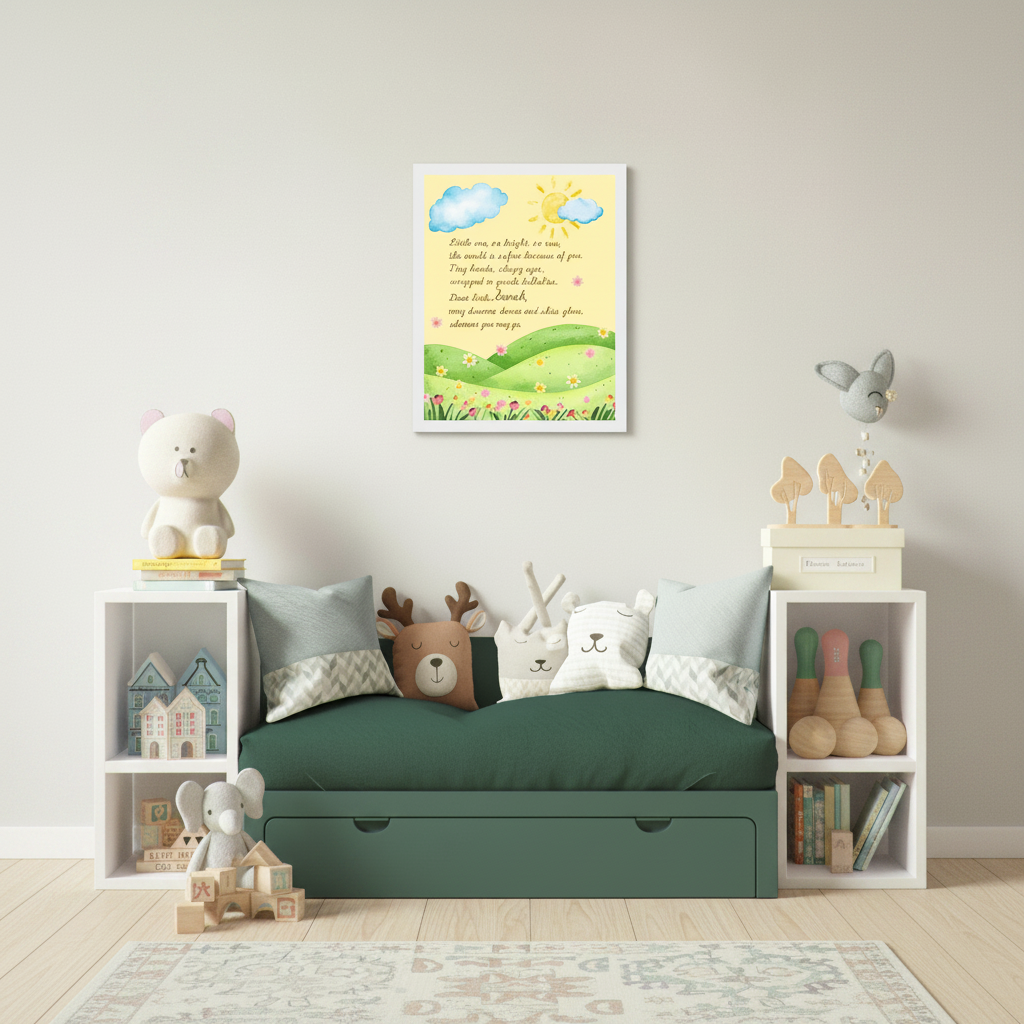 White framed wall art in nursery scene