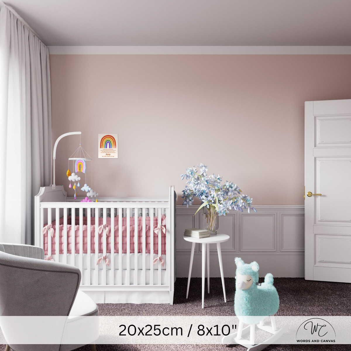 A nursery room scene showing a pink wall with wainscoting, a white crib, a small white side table with blue flowers, a plush toy, and a text overlay at the bottom reading 20x25cm / 8x10" with a visible W and C logo in the lower right corner.