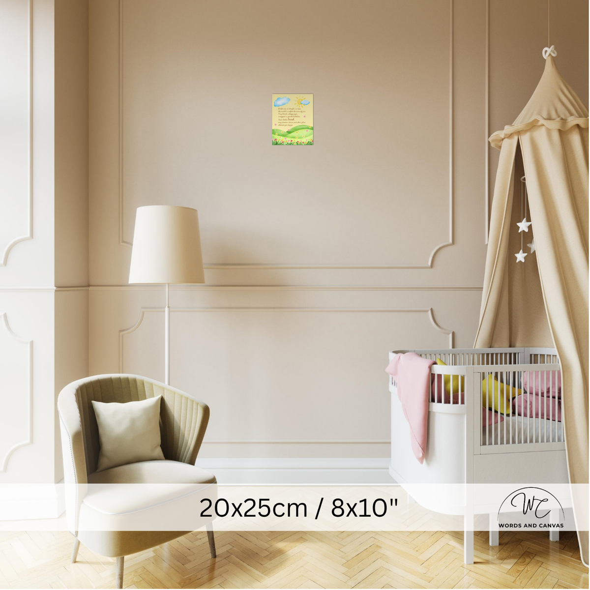 A small square wall art print with a colorful landscape and text is displayed on a beige nursery wall above an armchair and next to a white crib with a canopy. The image includes a size label '20x25cm / 8x10"' at the bottom.