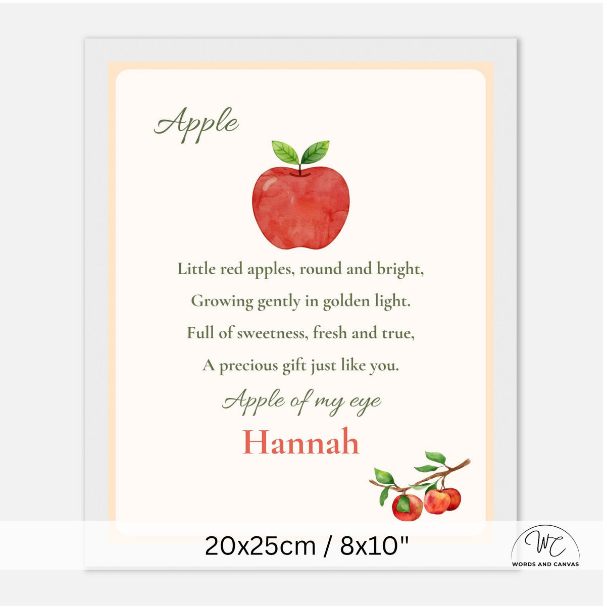 Personalized nursery print featuring a watercolor red apple with green leaves, a nursery rhyme about apples, and the name 'Hannah' in red script. The print is shown with a size label at the bottom indicating 20x25cm / 8x10".