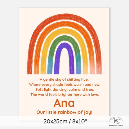 Personalized children's art print featuring a colorful rainbow with a poem underneath and the name 'Ana' printed in orange. The print is shown on a light gray background with dimensions '20x25cm / 8x10"' at the bottom.