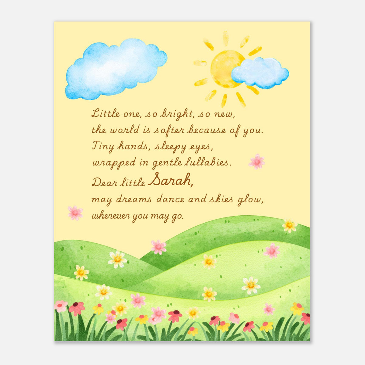 Children's nursery print with a sun, cloud, and rolling hills design on a yellow background.