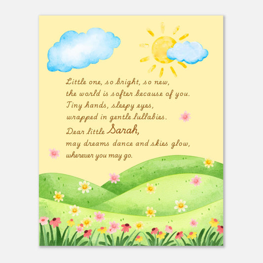 Children's nursery print with a sun, cloud, and rolling hills design on a yellow background.