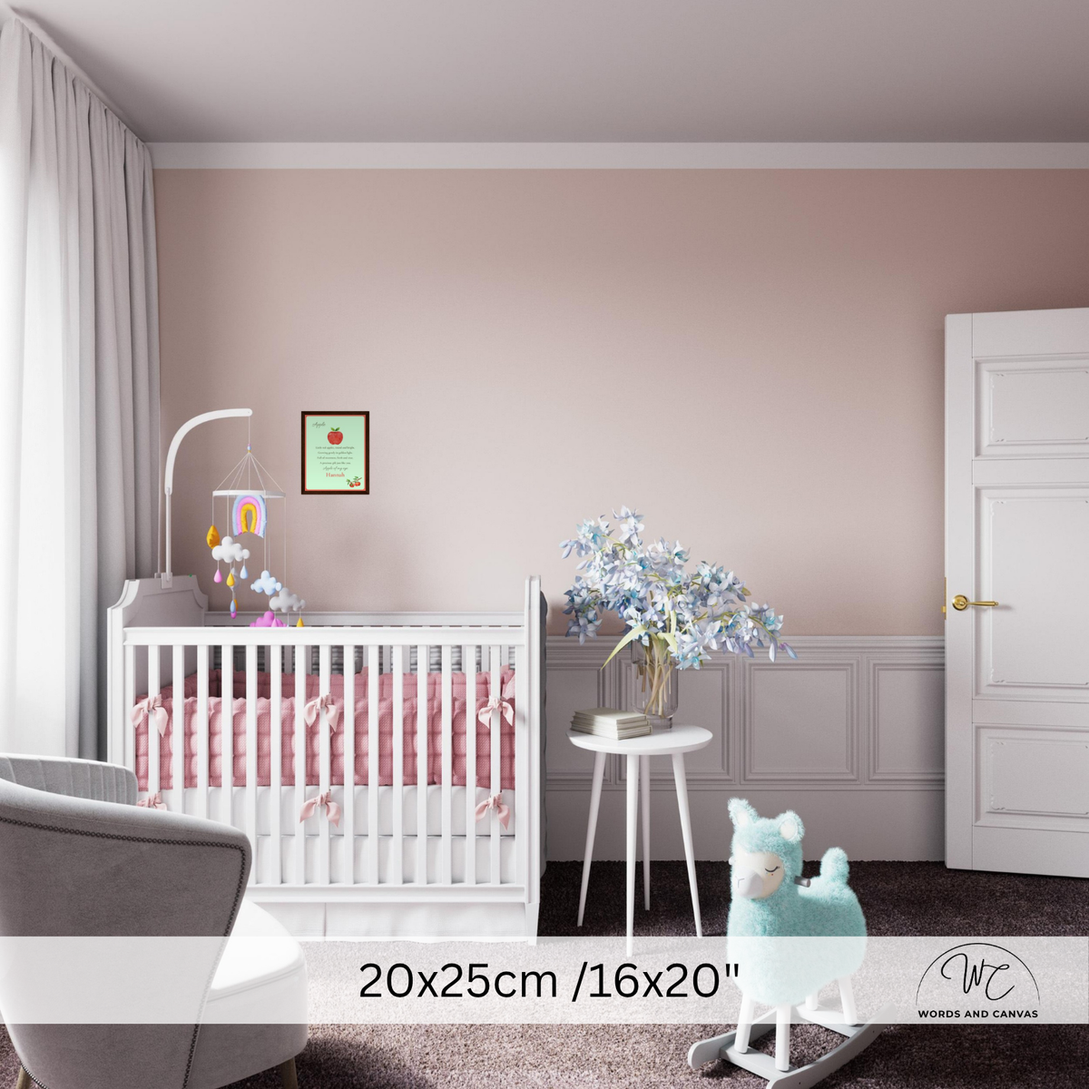 A styled nursery interior showing a white crib with pink bedding, a small white side table with blue flowers, a gray chair, and a white door, with a text overlay at the bottom reading 20x25cm /16x20" and a watermark logo in the corner.