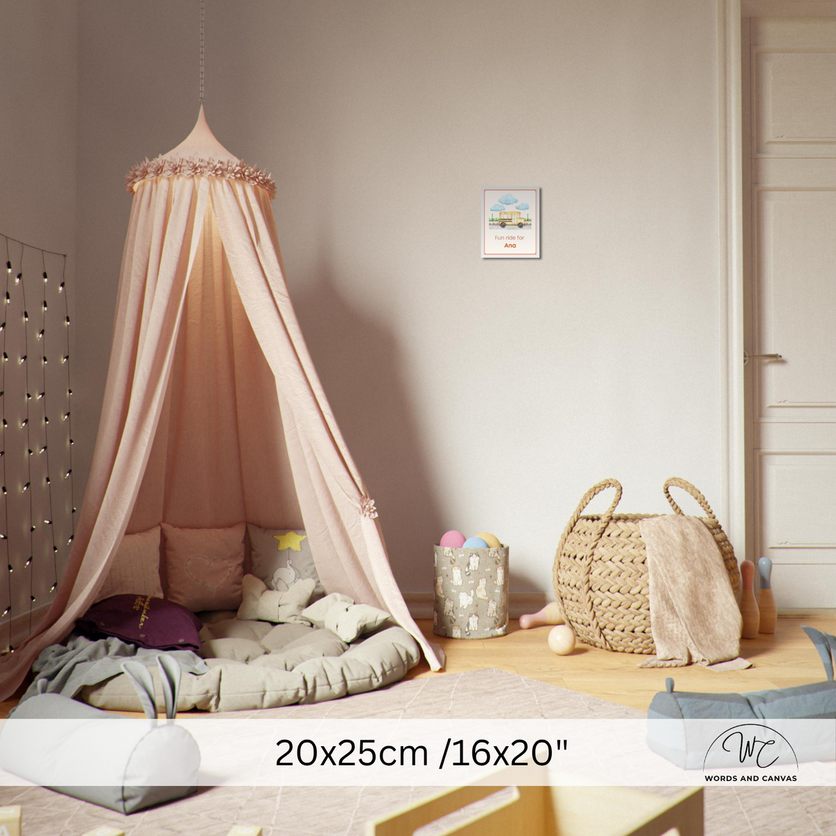 A framed wall Art, a pink canopy bed with sheer fabric draped over a mattress in a styled children's bedroom. The scene includes a woven basket, a small rug, and a text overlay at the bottom reading '20x25cm / 8x10"'.