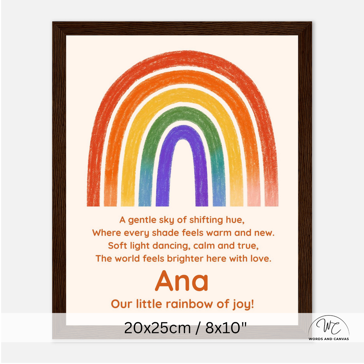 Personalized framed art print featuring a colorful rainbow with text 