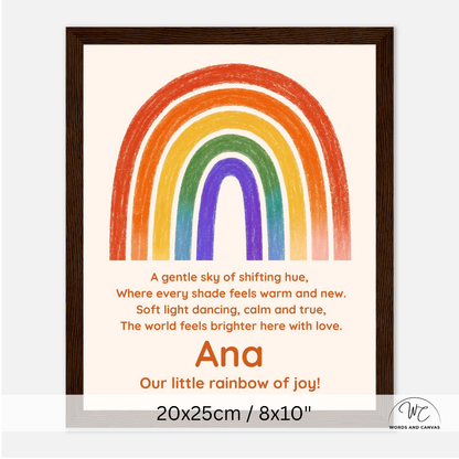 Personalized framed art print featuring a colorful rainbow with text 