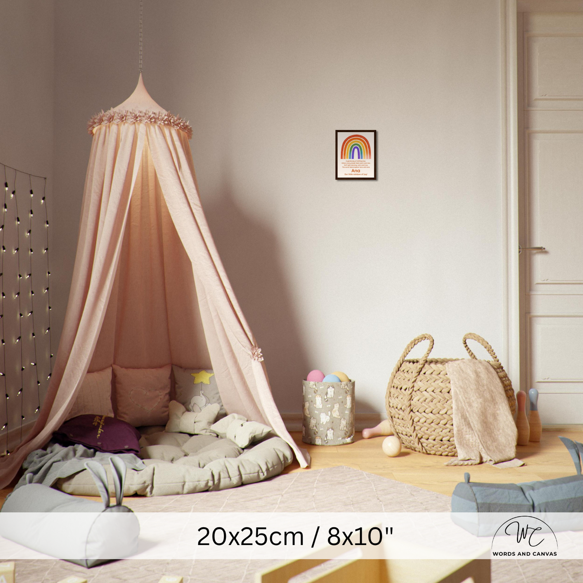 A pink canopy bed with a matching hanging canopy and draped fabric, set up in a child's bedroom. The bed includes a cushioned floor pad, pillows, and bedding.