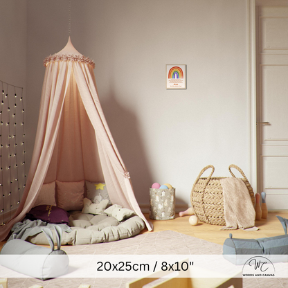 A pink canopy bed with a matching hanging fabric tent set up in a child's bedroom. The bed has pillows and a light cushion, with toys and a woven basket nearby.