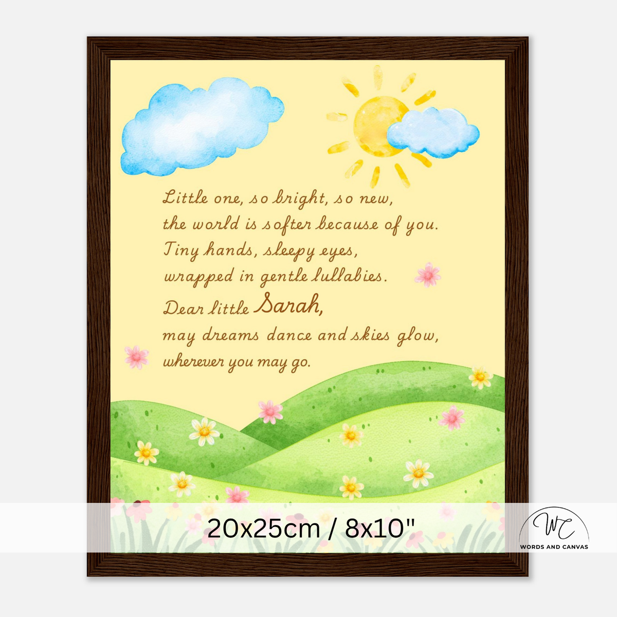 A framed personalized baby nursery art print featuring a watercolor landscape with green hills, yellow sun, blue clouds, and pink flowers, with a custom nursery rhyme printed in brown text. The print is shown in a dark brown wooden frame against a light gray background, with a size overlay at the bottom.
