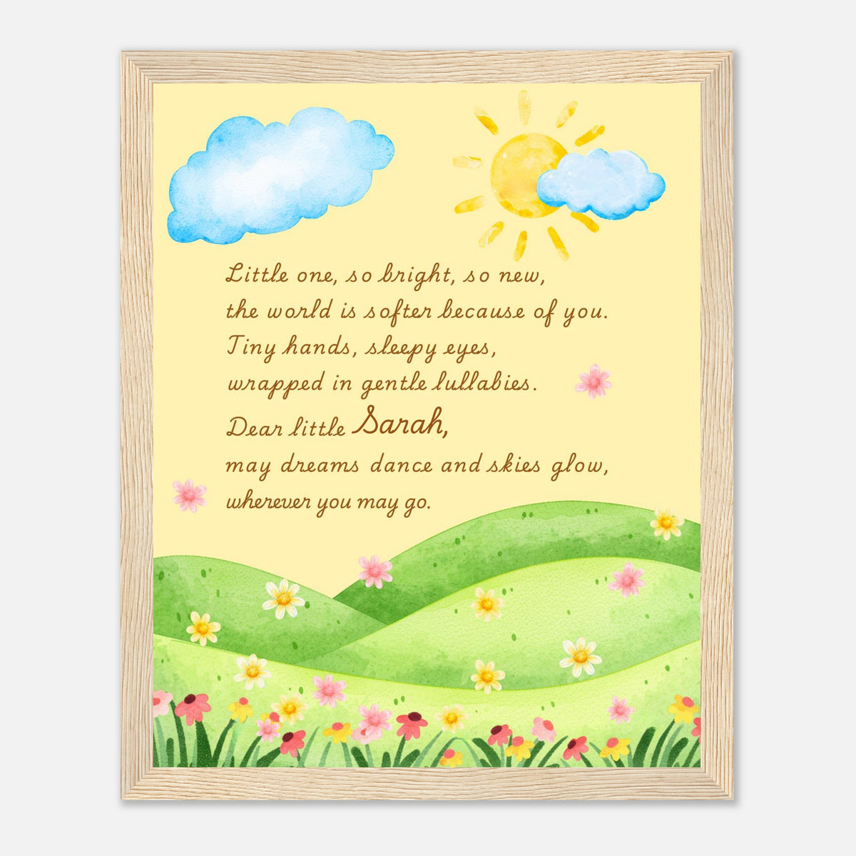 Framed children's wall art with a sun, cloud, and landscape design on a yellow background.