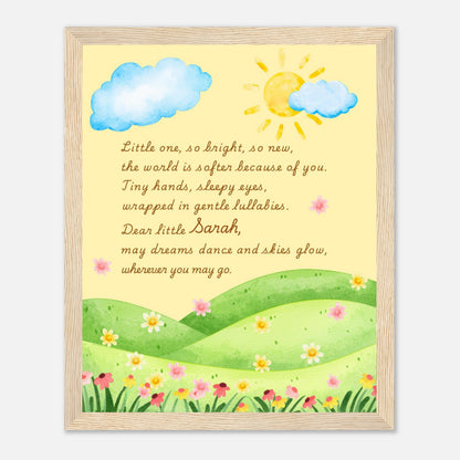 Framed children's wall art with a sun, cloud, and landscape design on a yellow background.