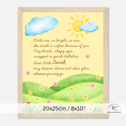 A framed children's nursery wall art print featuring a watercolor sun, clouds, green hills, and flowers with the poem 'Dear little Sarah' in brown text on a pale yellow background. The print is shown in a light wood frame, with size text '20x25cm / 8x10"' overlaid at the bottom.