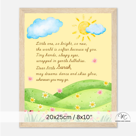 A framed children's nursery wall art print featuring a watercolor sun, clouds, green hills, and flowers with the poem 'Dear little Sarah' in brown text on a pale yellow background. The print is shown in a light wood frame, with size text '20x25cm / 8x10"' overlaid at the bottom.