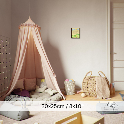 A pink canopy tent with sheer fabric draped over a bed in a styled children's bedroom. The scene includes bedding, pillows, a woven basket, a small rug, and a door in the background.