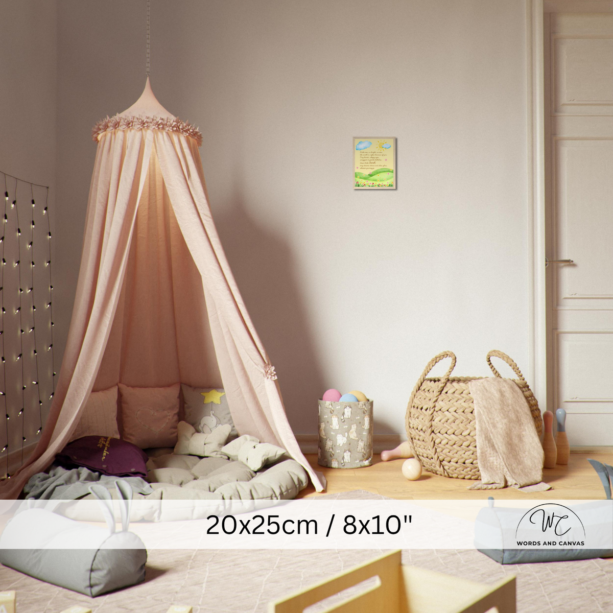 A pink canopy bed with a draped fabric tent in a child's bedroom setting, featuring bedding, toys, and a woven basket. A text overlay at the bottom reads '20x25cm / 8x10"' with a W & C logo in the corner.