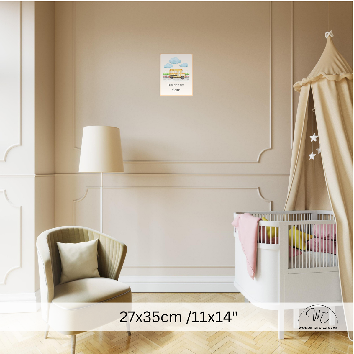 A personalized nursery wall art print featuring a blue sky, yellow sun, and a house, displayed on a beige wall in a styled nursery setting with a crib, canopy, and armchair. The text overlay at the bottom reads '27x35cm /11x14"'.