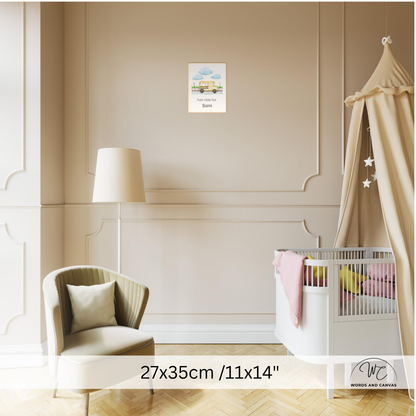 A personalized nursery wall art print featuring a blue sky, yellow sun, and a house, displayed on a beige wall in a styled nursery setting with a crib, canopy, and armchair. The text overlay at the bottom reads '27x35cm /11x14"'.
