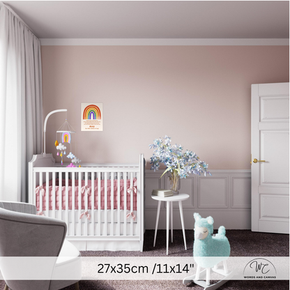 A nursery room scene showing a white crib with pink bedding, a small white side table with blue flowers, a rainbow wall print, and a soft teal llama toy. The room has blush pink walls, white wainscoting, and a white door.