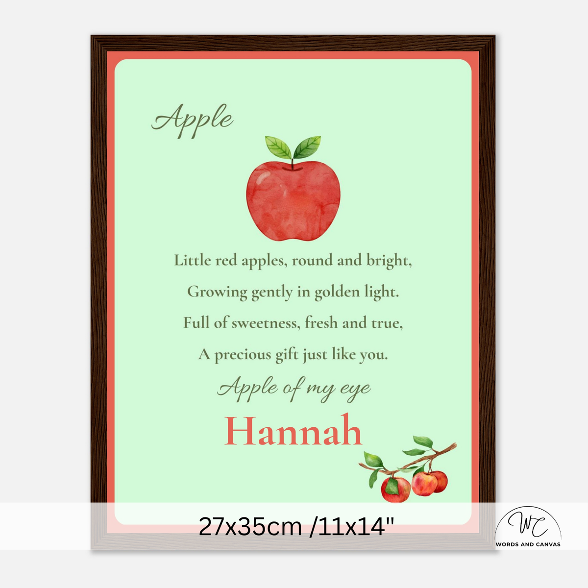 Personalized dark wooden picture frame print with an apple theme, featuring a watercolor red apple, poem text, and the name Hannah on a mint green background, shown with a white background and size text overlay.