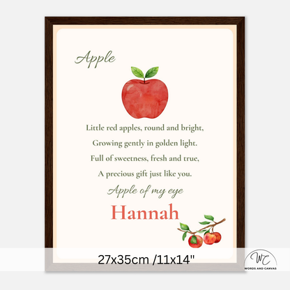 Personalized dark wooden-style framed apple nursery wall art featuring a watercolor red apple with green leaves and nursery poem text, shown on a light gray background with a size overlay at the bottom.