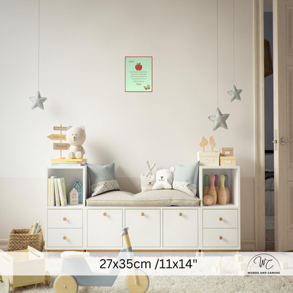 A nursery room scene showing a white children's storage bench with open shelves and drawers, styled with toys, pillows, books, and hanging star decorations. A small framed print hangs on the wall, and a size overlay at the bottom reads 27x35cm / 11x14 inches.