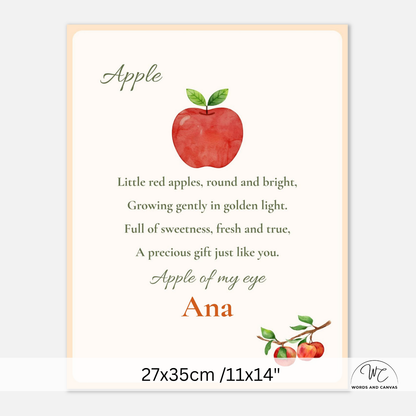A personalized nursery art print featuring a watercolor red apple with green leaves, a poem about apples, and the name 'Ana' in orange script. The print has a cream background with a peach border and is shown with a dimension label 27x35cm at the bottom.