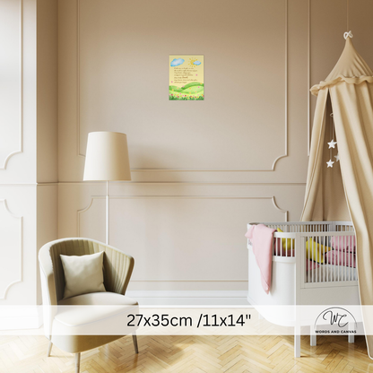A small vertical baby shower game board or poster hangs on a beige nursery wall above a white crib with a canopy, next to a chair and floor lamp. The poster has a yellow background with blue clouds, green hills, and text.
