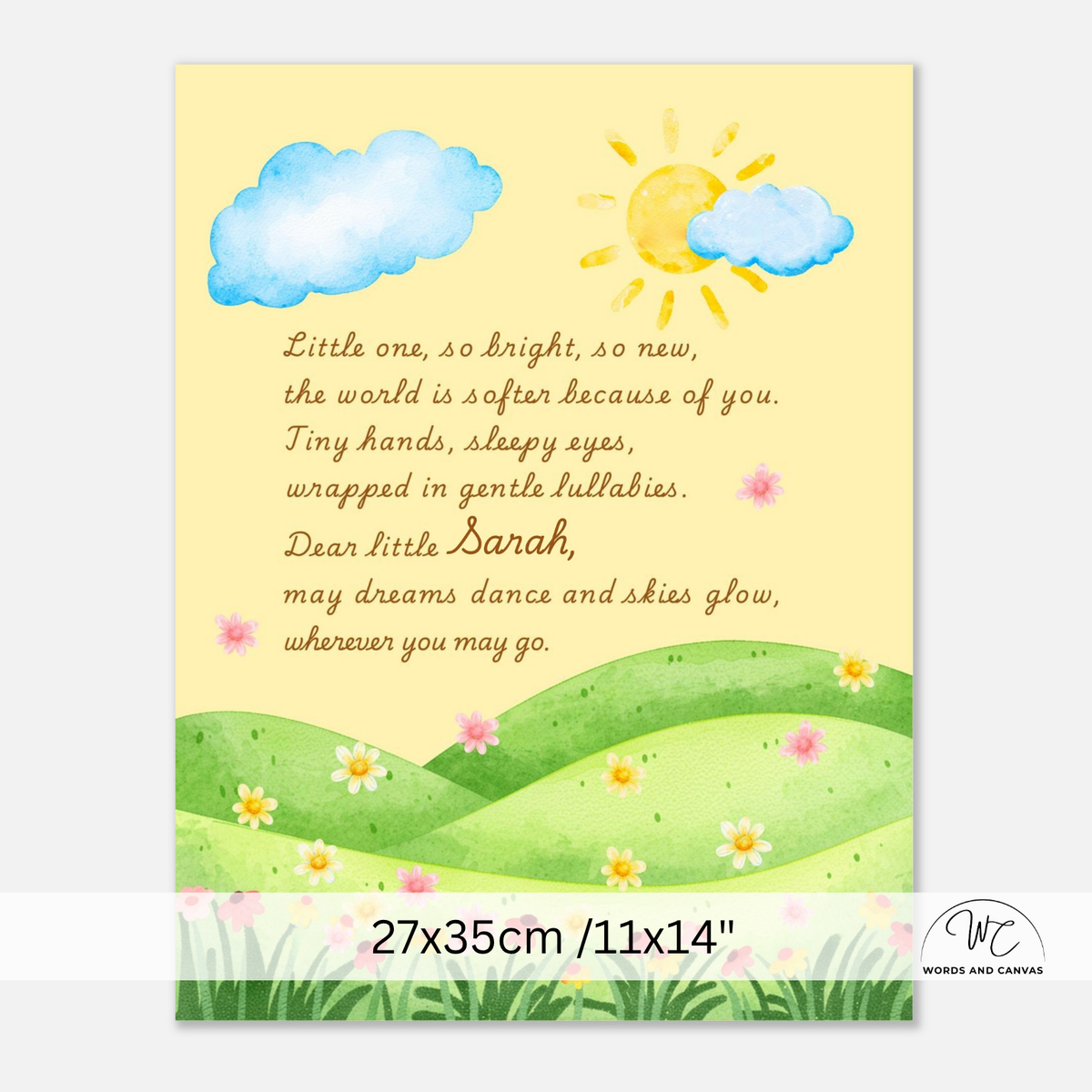 A personalized baby nursery art print featuring a watercolor landscape with blue clouds, a yellow sun, green hills, and daisies, with a cursive poem starting with 'Dear little Sarah'. The print is displayed on a white background with a size label at the bottom.