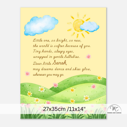 A personalized baby nursery art print featuring a watercolor landscape with blue clouds, a yellow sun, green hills, and daisies, with a cursive poem starting with 'Dear little Sarah'. The print is displayed on a white background with a size label at the bottom.