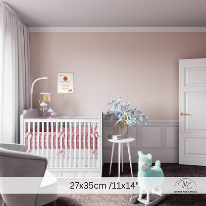 A styled nursery interior showing a white crib with pink bedding, a small white side table with blue flowers, a gray chair, and a white door, with a text overlay at the bottom reading 27x35cm / 11x14" and a watermark logo in the lower right.
