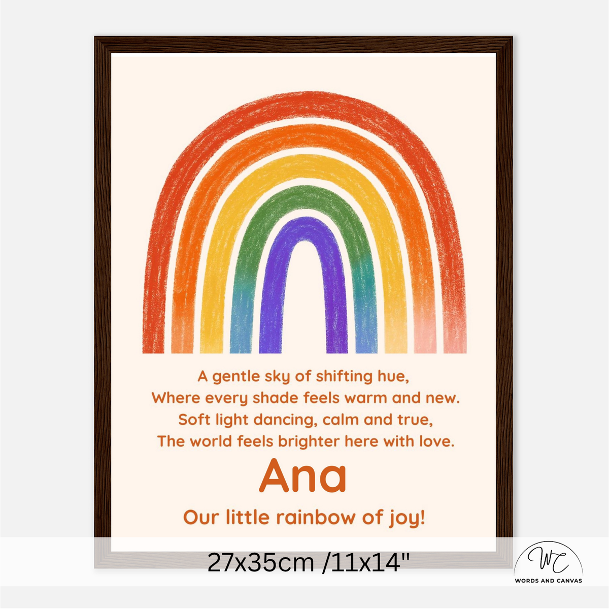 A framed personalized children's art print featuring a colorful rainbow and a poem, shown against a light gray background with dimensions printed below.