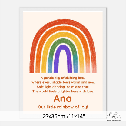 Personalized children's art print featuring a colorful rainbow illustration above a poem with the name 'Ana' and the phrase 'Our little rainbow of joy!' shown on a poster mockup with dimensions and a small 'Words and Canvas' logo.