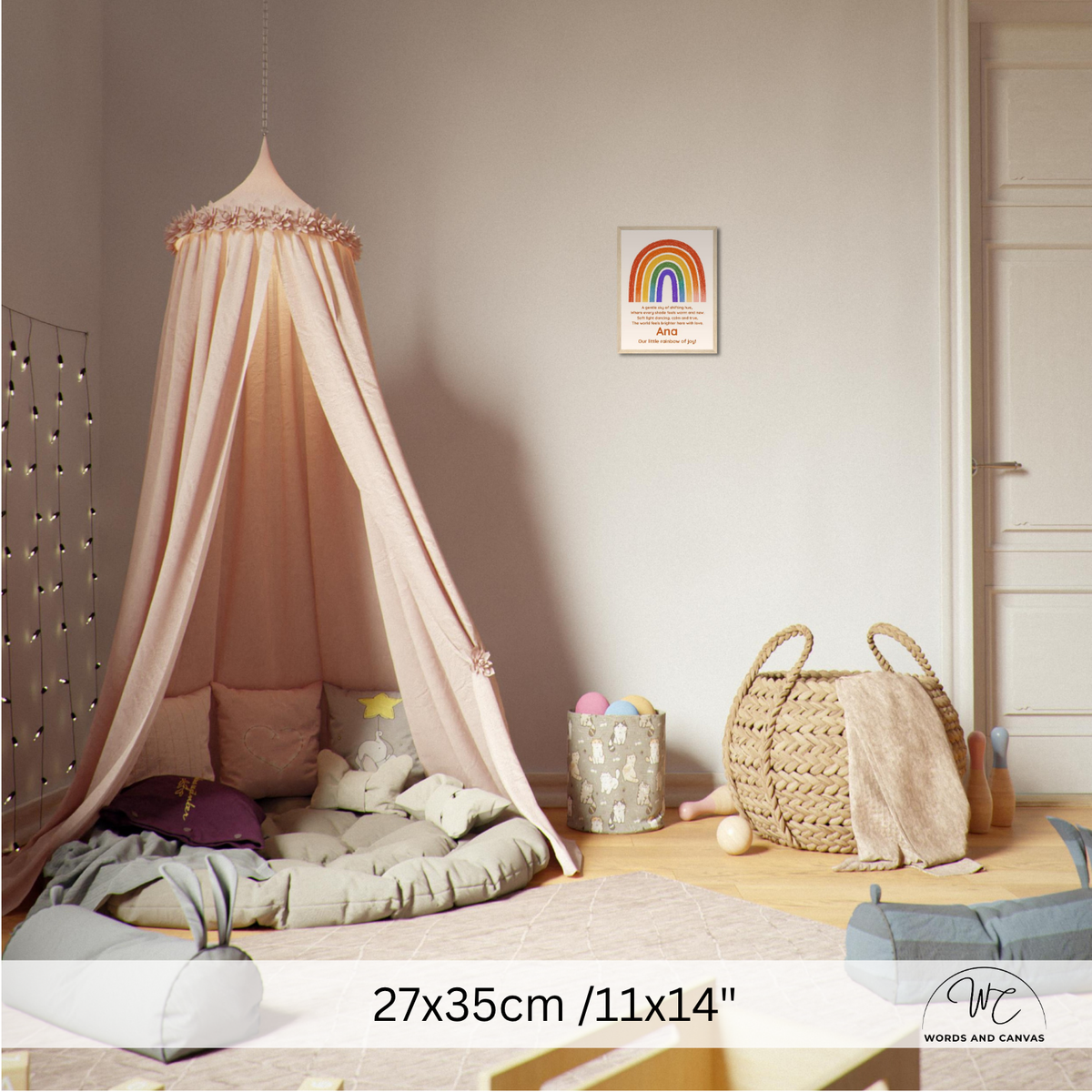 A pink canopy bed with a sheer fabric tent and matching pillows in a styled children's bedroom. The room includes a wooden floor, a woven basket, a small rainbow wall art print, and a size text overlay at the bottom indicating 27x35cm / 11x14 inches.