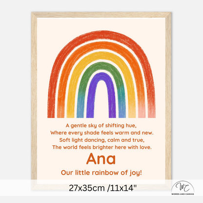 Personalized children's wall art print featuring a colorful hand-drawn rainbow and a nursery poem, shown in a light wood frame against a white background with size text below.