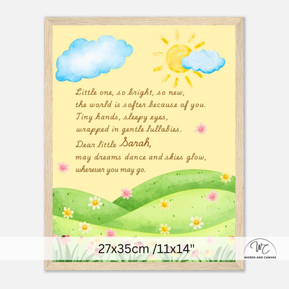 A framed watercolor-style nursery print with a yellow sun, blue clouds, green hills, and pink flowers, with a poem addressed to 'Dear little Sarah.' The print is shown against a light gray background with a size label at the bottom and a small 'Words and Canvas' mark in the lower right.