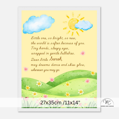 A personalized baby nursery art print featuring a watercolor illustration of a sun, clouds, and green hills with flowers, accompanied by a sweet baby poem. The print is displayed on a clean white background with a size measurement overlay at the bottom.