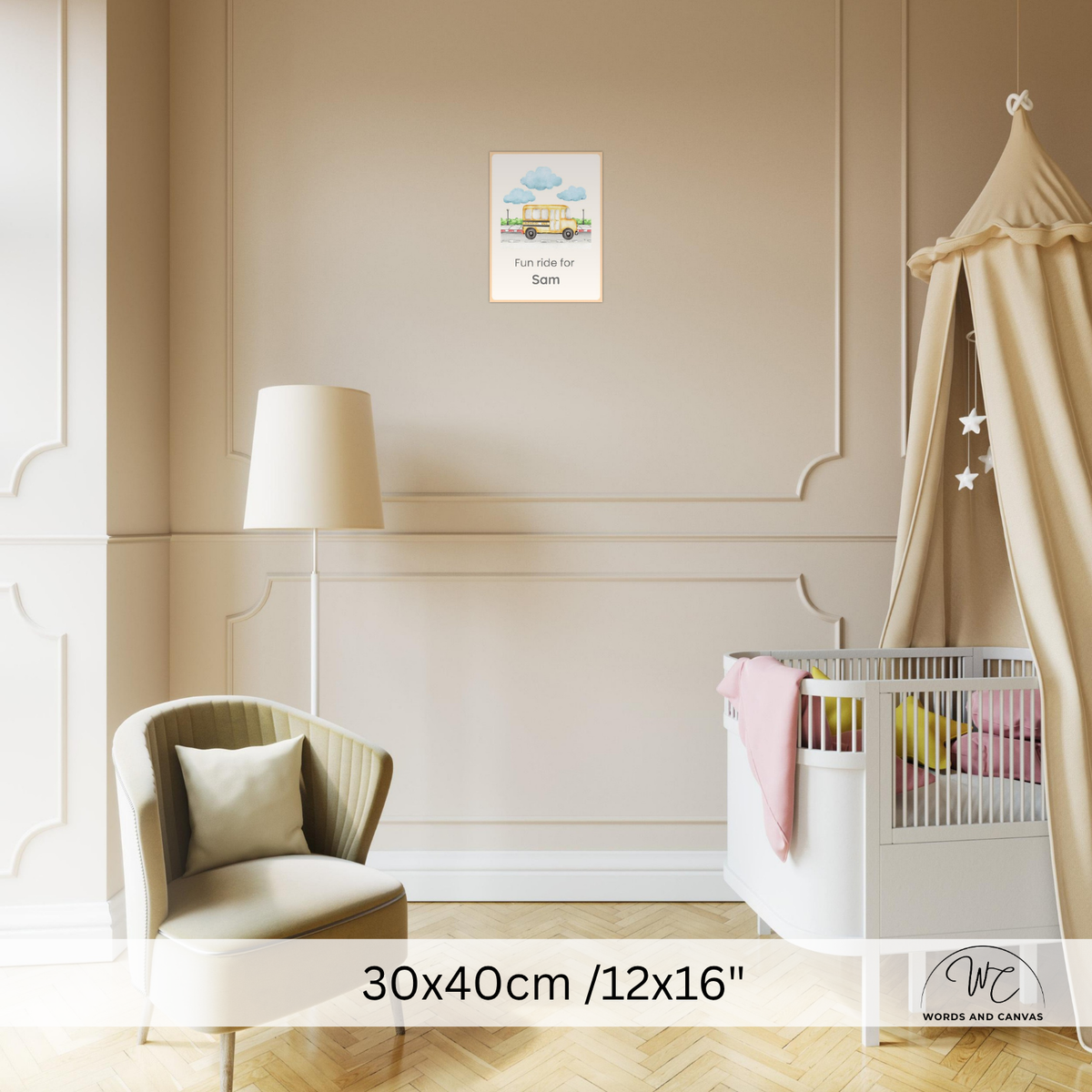A framed wall art print featuring a pastel yellow bus and the words 'Fun ride but short' displayed in a styled nursery room. The room includes a beige armchair, floor lamp, white crib with a beige canopy, and wood flooring.