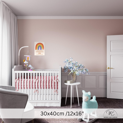 A nursery room scene showing a framed rainbow wall art print above a white crib. The room has blush pink walls, white wainscoting, a white side table with blue flowers, a rocking horse, and a gray chair.
