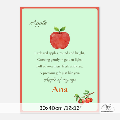 Personalized nursery wall art print featuring a watercolor red apple with green leaves on a pale mint green background, surrounded by a coral border. The print includes a poem about red apples and the customizable name 'Ana' in orange.