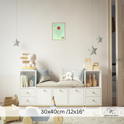 A styled children's room scene showing a white storage bench with open shelves and drawers, decorated with toys, pillows, and books. A framed print hangs on the wall, with star decorations and a small toy cart in the room.