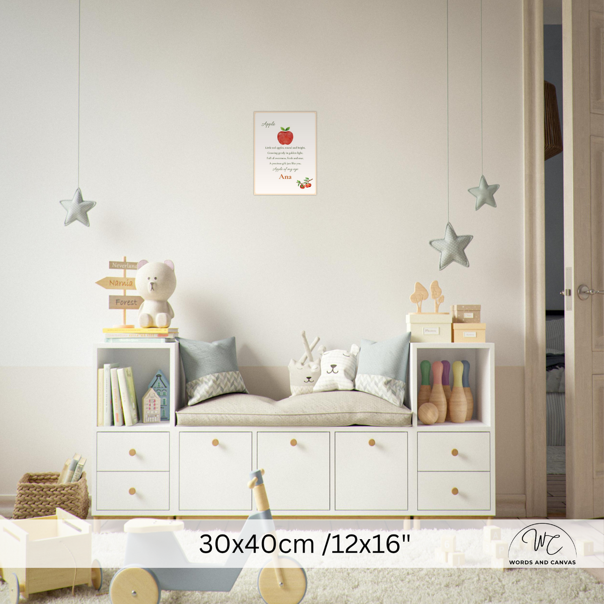 A styled children's room scene showing a white storage bench with open cubbies and drawers, decorated with pillows, books, toys, and hanging star ornaments. A text overlay at the bottom reads '20x25cm / 8x10"' with a small 'Woods and Canvas' logo in the corner.