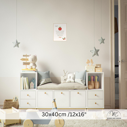 A styled children's room scene showing a white storage bench with open cubbies and drawers, decorated with pillows, books, toys, and hanging star ornaments. A text overlay at the bottom reads '20x25cm / 8x10"' with a small 'Woods and Canvas' logo in the corner.