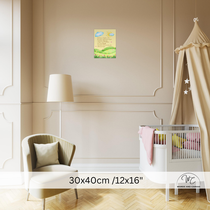 A baby nursery room scene with a small printed wall poster centered on a beige wall above a white crib with a canopy, plus a chair and floor lamp. The poster appears to be the product being sold, showing a pastel sky and grassy landscape with text.