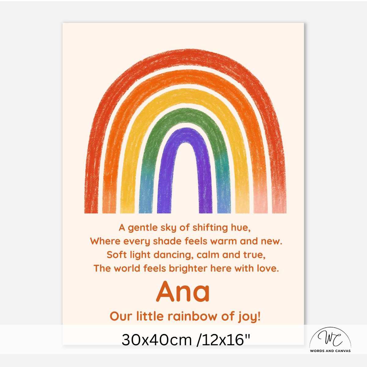 Personalized children's art print featuring a colorful rainbow with the name 'Ana' and a nursery rhyme, shown on a clean white background with size text below.