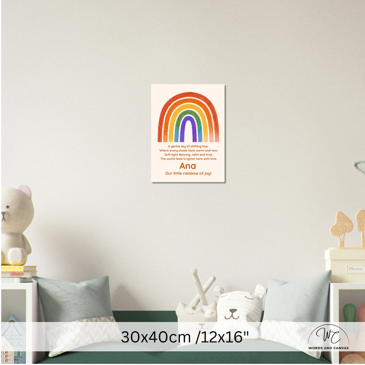 A children's wall art print featuring a colorful rainbow and the text 