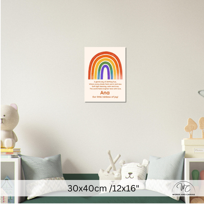 A children's wall art print featuring a colorful rainbow and the text 