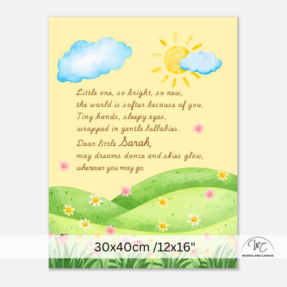 A personalized baby nursery print featuring a watercolor sun, clouds, and green hills with flowers, alongside a custom nursery rhyme for 'Dear little Sarah'. The print is displayed on a light gray background with a white banner at the bottom indicating its size as 30x40cm / 12x16".